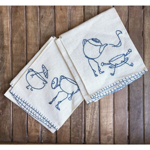 Handmade Linen Tea Towel Set Embroidered Blue Cream Teapot Cup Whimsical